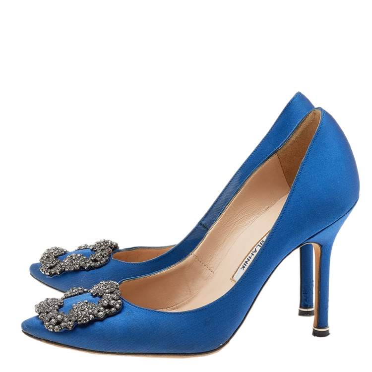 Pre Owned Manolo Blahnik Blue Satin Hangisi Embellished Pumps Size 36