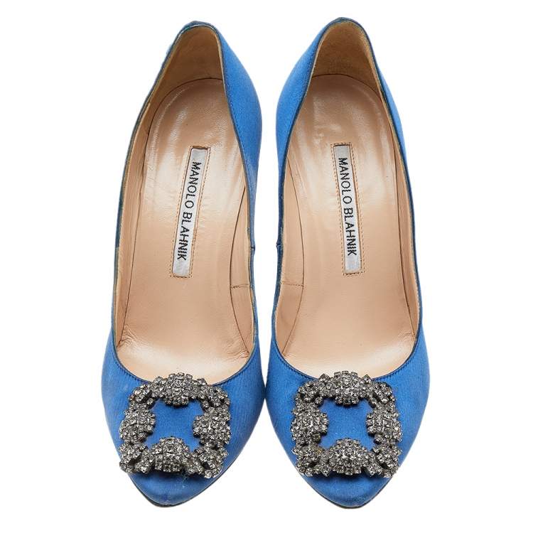 Pre Owned Manolo Blahnik Blue Satin Hangisi Embellished Pumps Size 36