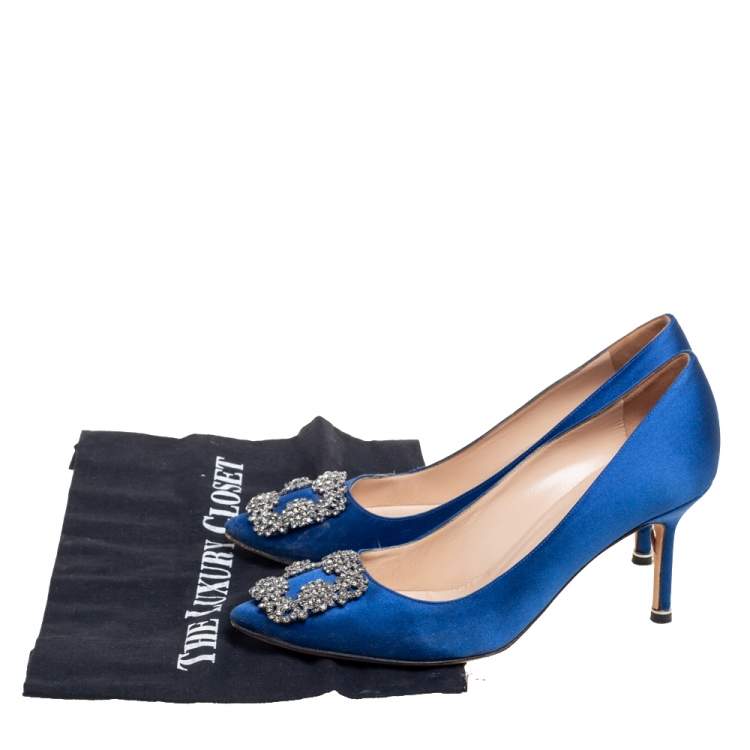 Pre Owned Manolo Blahnik Royal Blue Satin Hangisi Pumps Size 38