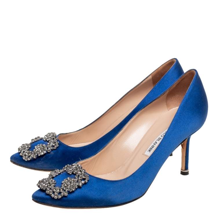 Pre Owned Manolo Blahnik Royal Blue Satin Hangisi Pumps Size 38