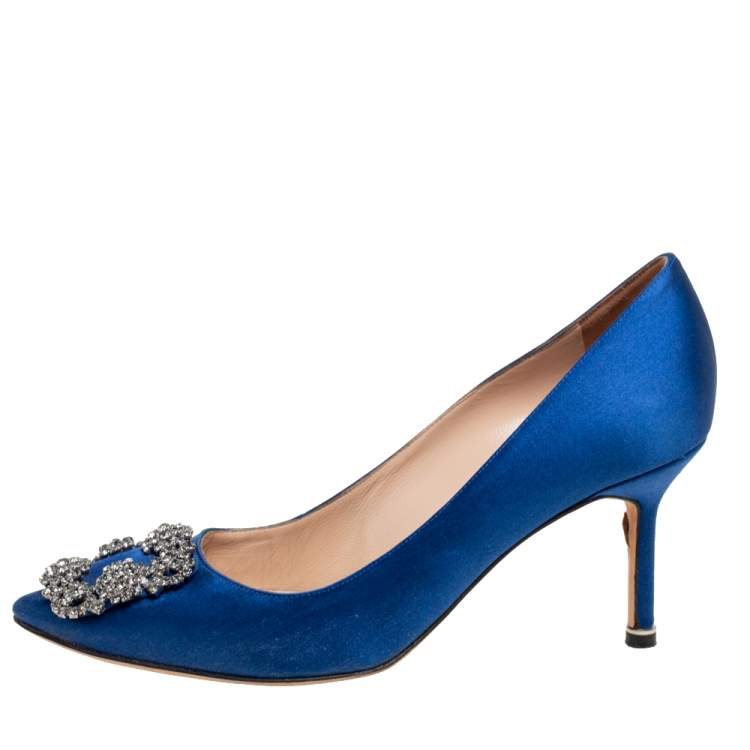 Pre Owned Manolo Blahnik Royal Blue Satin Hangisi Pumps Size 38