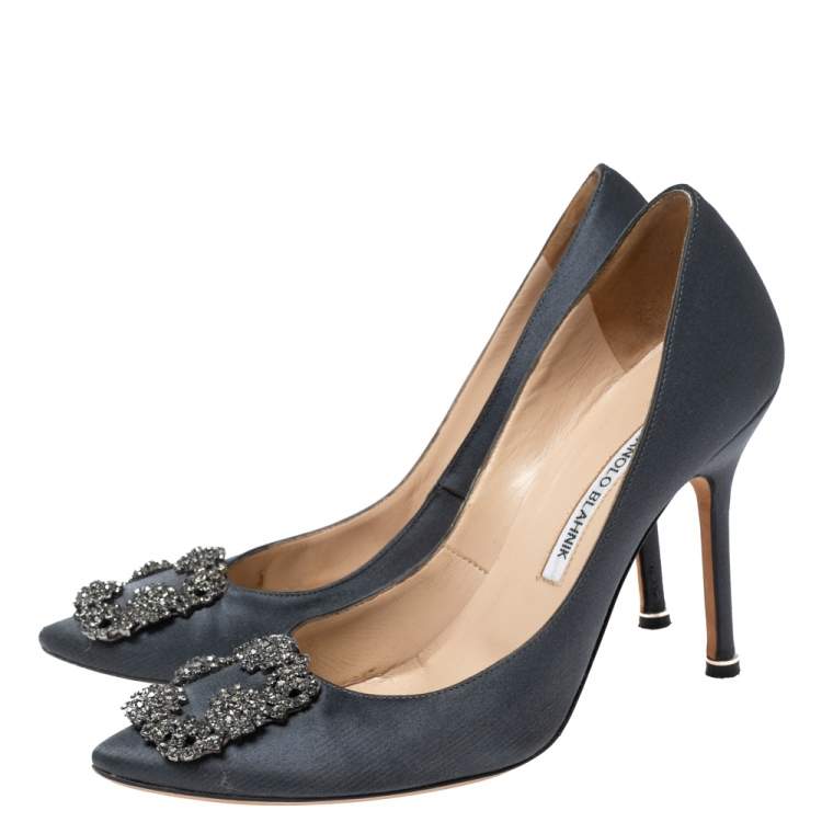 Pre Owned Manolo Blahnik Grey Satin Hangisi Pumps Size 38.5