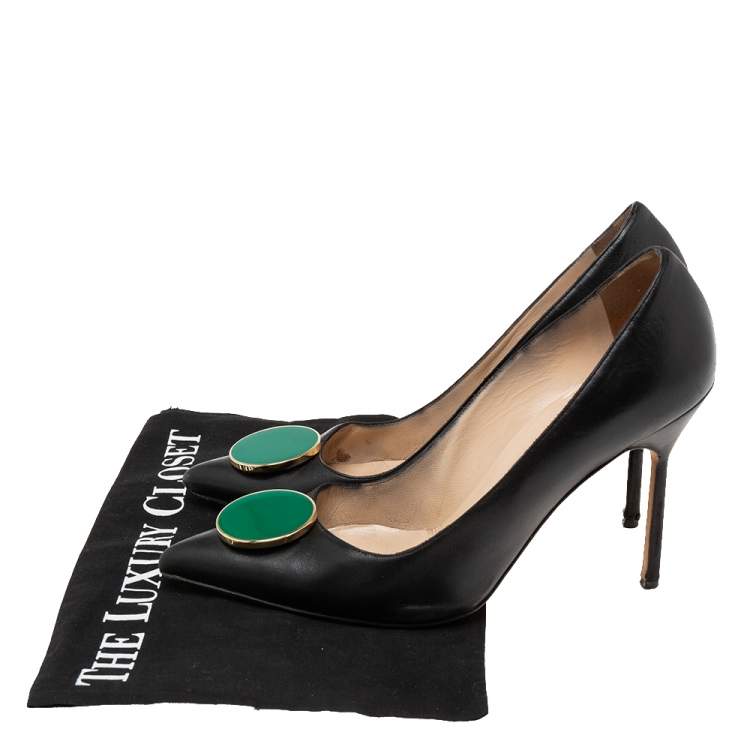 Pre Owned Manolo Blahnik Black Leather Embellished Pointed Toe Pumps Size 38.5