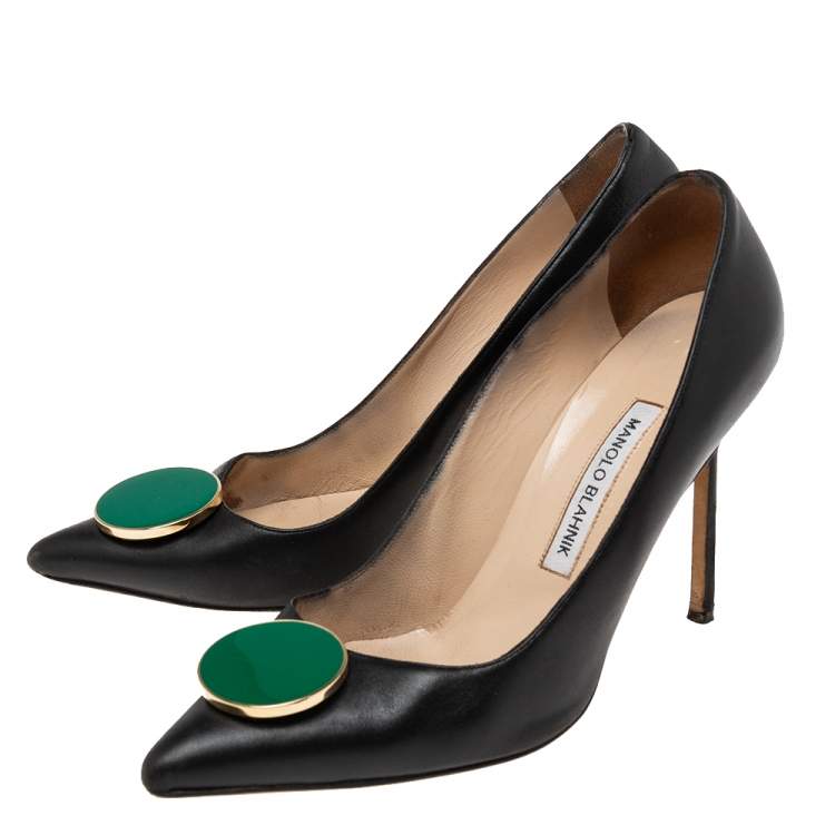 Pre Owned Manolo Blahnik Black Leather Embellished Pointed Toe Pumps Size 38.5