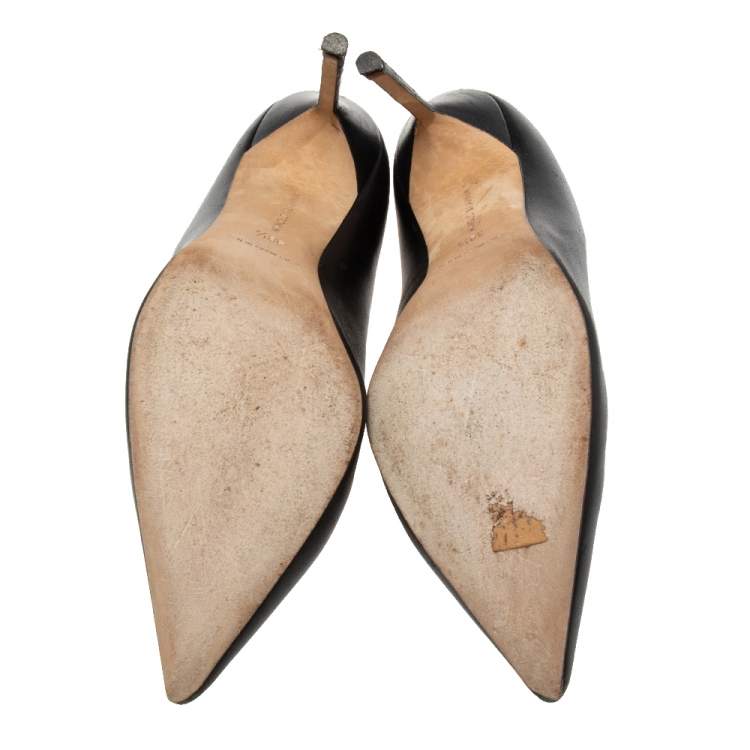 Pre Owned Manolo Blahnik Black Leather Embellished Pointed Toe Pumps Size 38.5