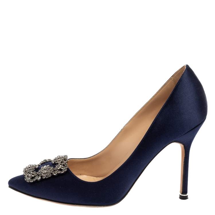 Pre Owned Manolo Blahnik Navy Blue Satin Hangisi Pumps Size 38