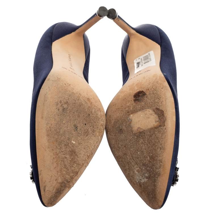 Pre Owned Manolo Blahnik Navy Blue Satin Hangisi Pumps Size 38