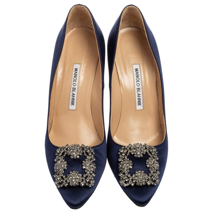 Pre Owned Manolo Blahnik Navy Blue Satin Hangisi Pumps Size 38