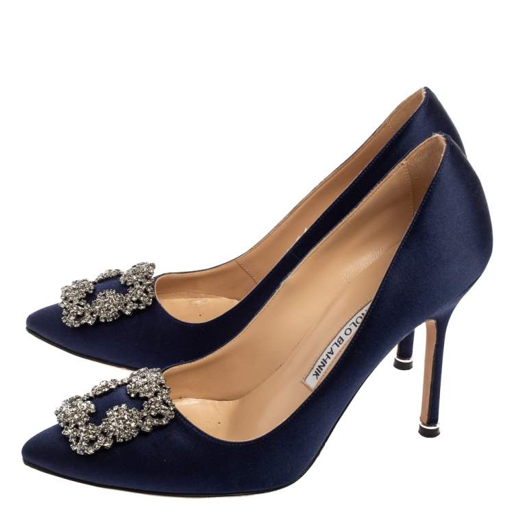 Pre Owned Manolo Blahnik Navy Blue Satin Hangisi Pumps Size 38