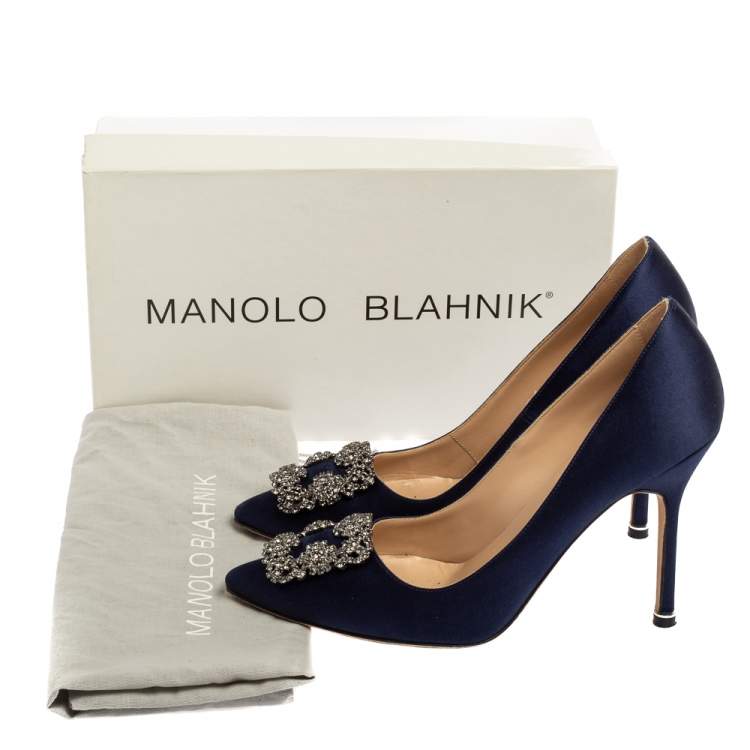 Pre Owned Manolo Blahnik Navy Blue Satin Hangisi Pumps Size 38