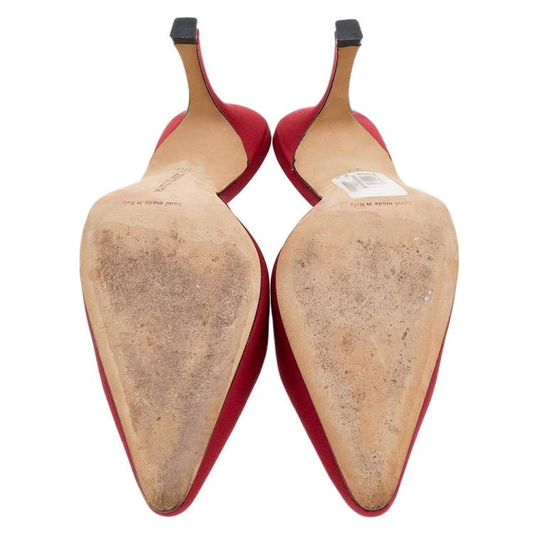 Pre Owned Manolo Blahnik Red Satin Embellished Mules Size 38