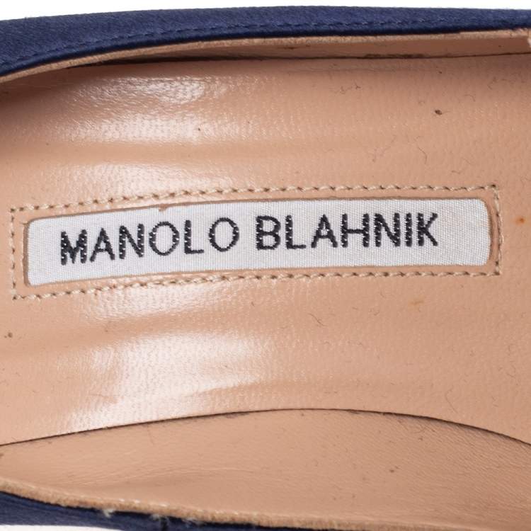 Pre Owned Manolo Blahnik Navy Blue Satin Hangisi Pumps Size 35