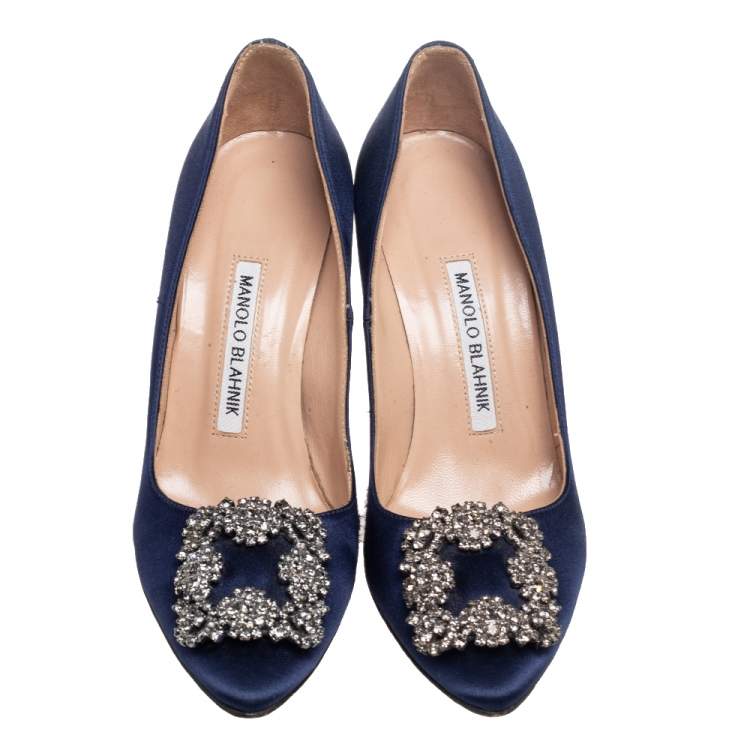 Pre Owned Manolo Blahnik Navy Blue Satin Hangisi Pumps Size 35