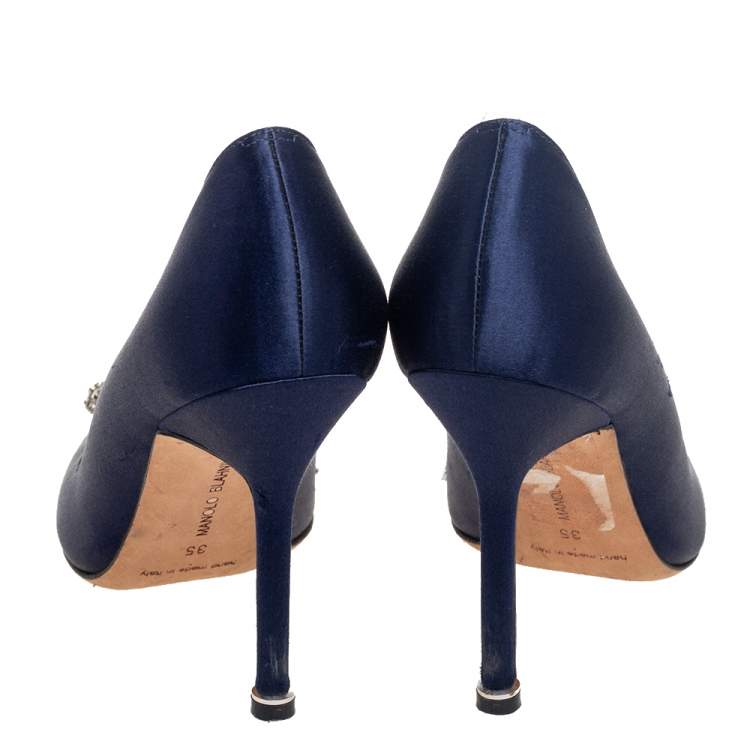 Pre Owned Manolo Blahnik Navy Blue Satin Hangisi Pumps Size 35
