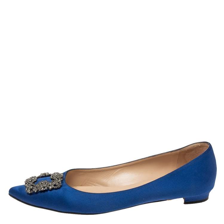 Pre Owned Manolo Blahnik Royal Blue Satin Hangisi Ballet Flats Size 42