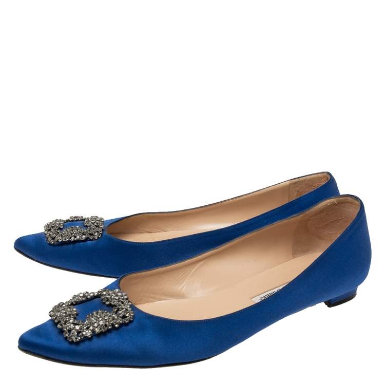 Pre Owned Manolo Blahnik Royal Blue Satin Hangisi Ballet Flats Size 42