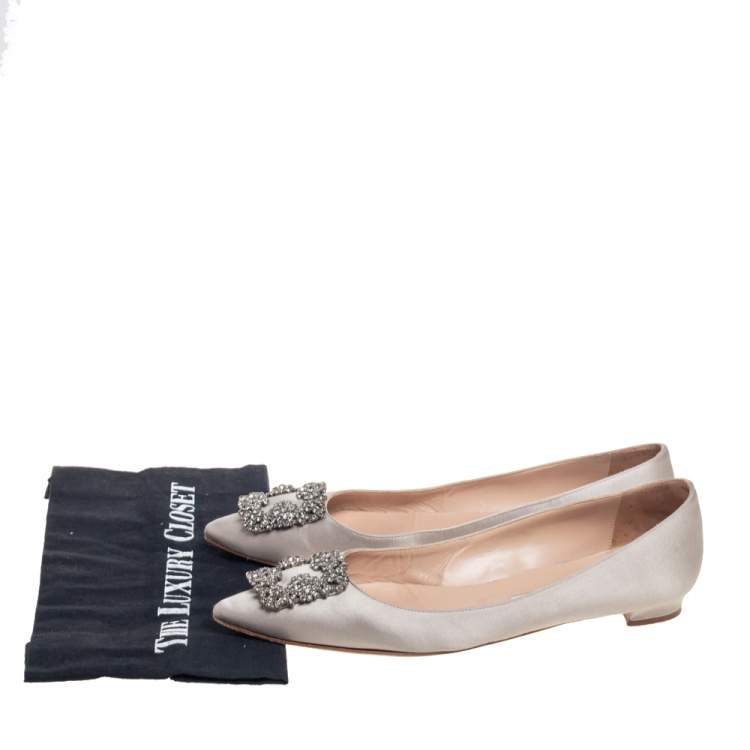 Pre Owned Manolo Blahnik Grey Satin Hangisi Ballet Flats Size 41