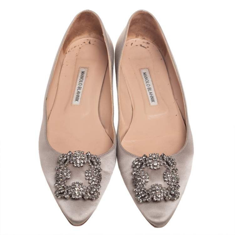 Pre Owned Manolo Blahnik Grey Satin Hangisi Ballet Flats Size 41