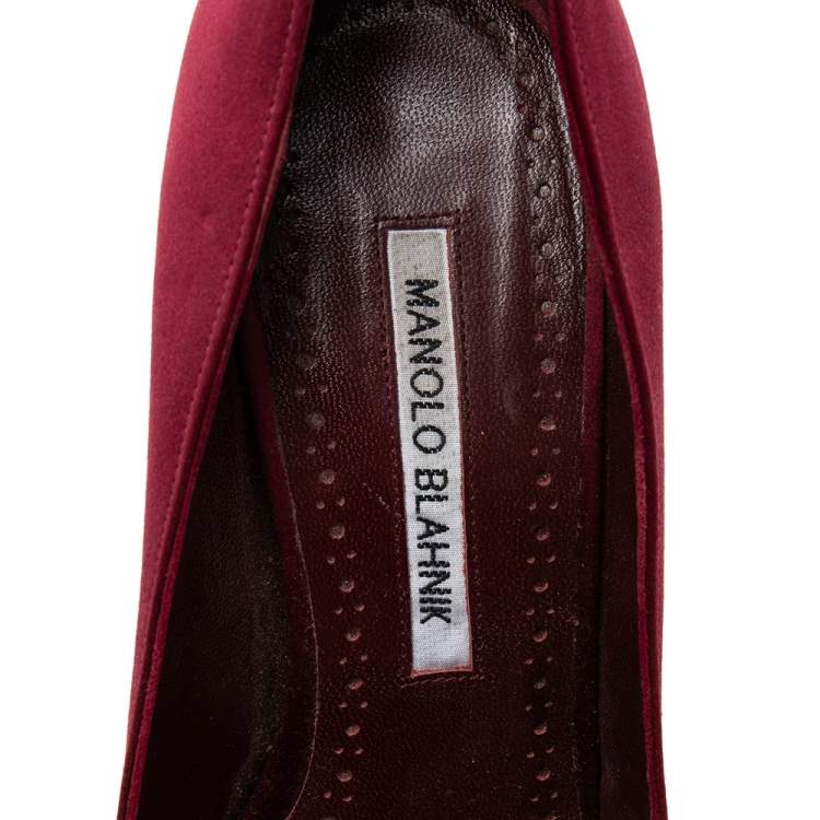 Pre Owned Manolo Blahnik Burgundy Satin Maysale Buckle Pointed Toe Pumps Size 38