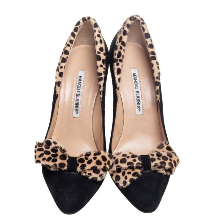 Pre Owned Manolo Blahnik Black Suede and Printed Calf Hair Bow Pumps Size 39