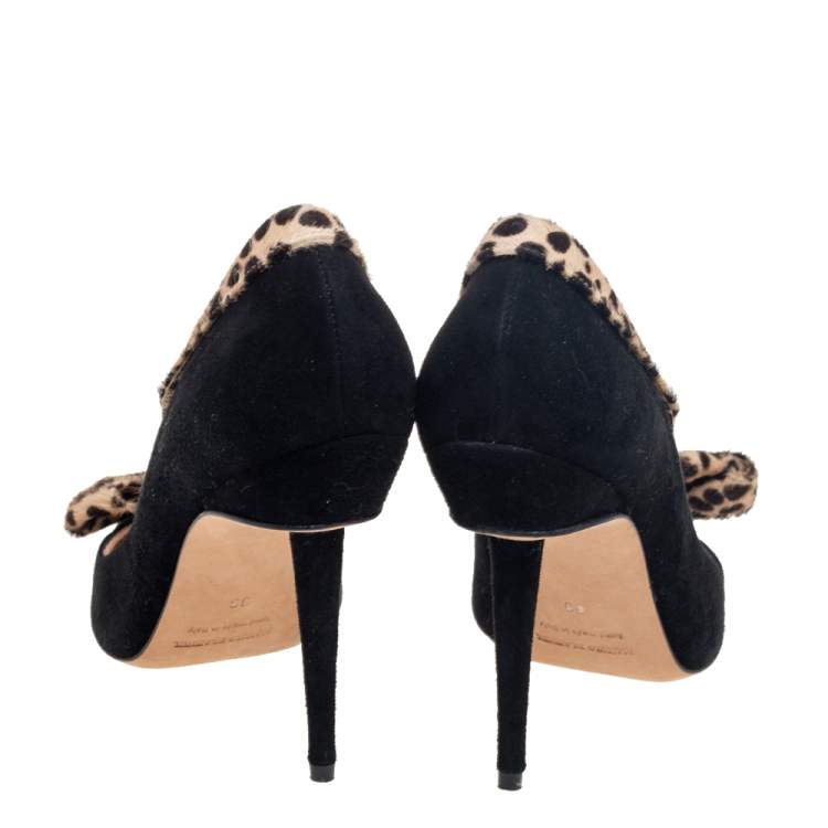 Pre Owned Manolo Blahnik Black Suede and Printed Calf Hair Bow Pumps Size 39