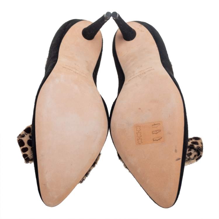 Pre Owned Manolo Blahnik Black Suede and Printed Calf Hair Bow Pumps Size 39