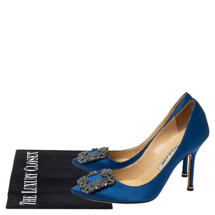 Pre Owned Manolo Blahnik Royal Blue Satin Hangisi Crystal Embellished Pointed Toe Pumps Size 35