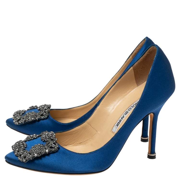 Pre Owned Manolo Blahnik Royal Blue Satin Hangisi Crystal Embellished Pointed Toe Pumps Size 35