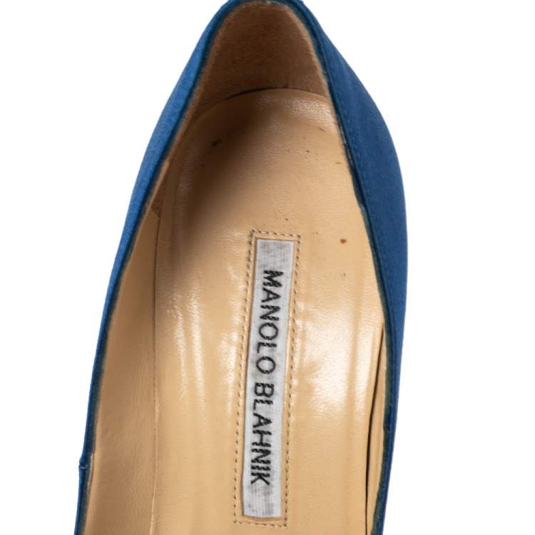 Pre Owned Manolo Blahnik Royal Blue Satin Hangisi Crystal Embellished Pointed Toe Pumps Size 35