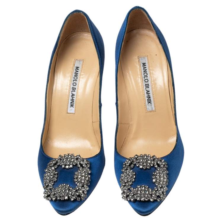 Pre Owned Manolo Blahnik Royal Blue Satin Hangisi Crystal Embellished Pointed Toe Pumps Size 35