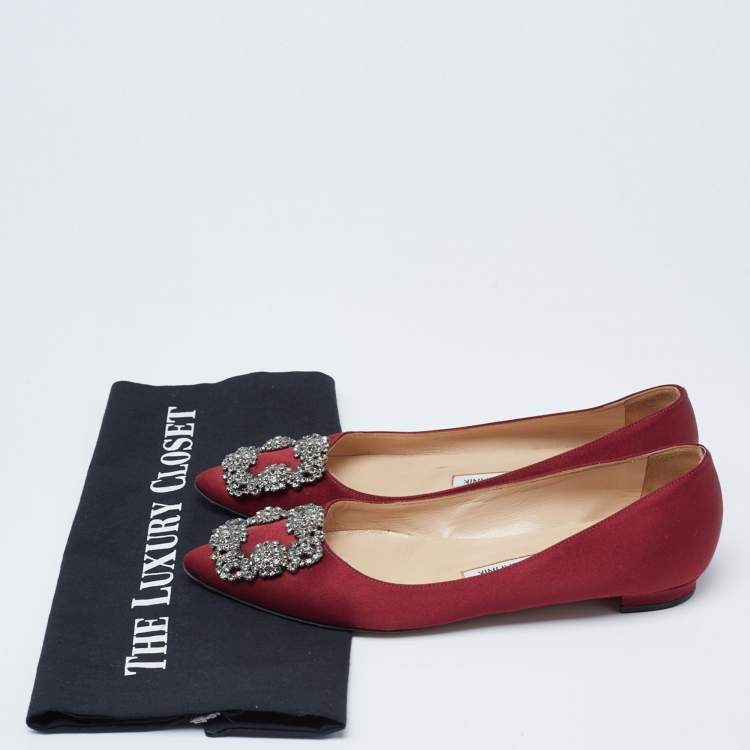 Pre Owned Manolo Blahnik Burgundy Satin Hangisi Pointed Toe Ballet Flats Size 35.5