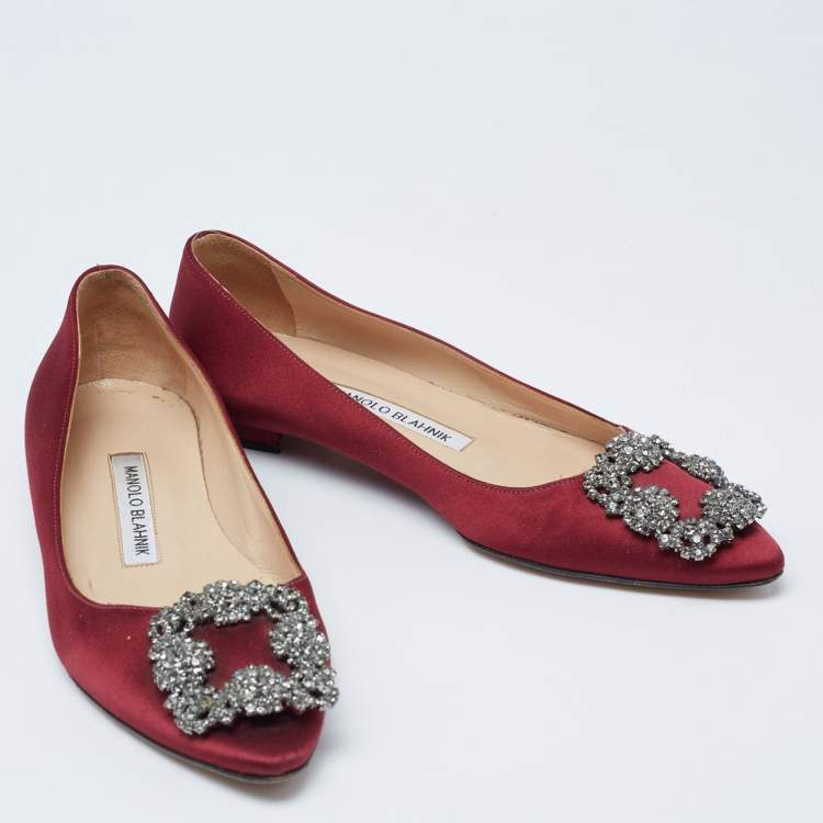 Pre Owned Manolo Blahnik Burgundy Satin Hangisi Pointed Toe Ballet Flats Size 35.5