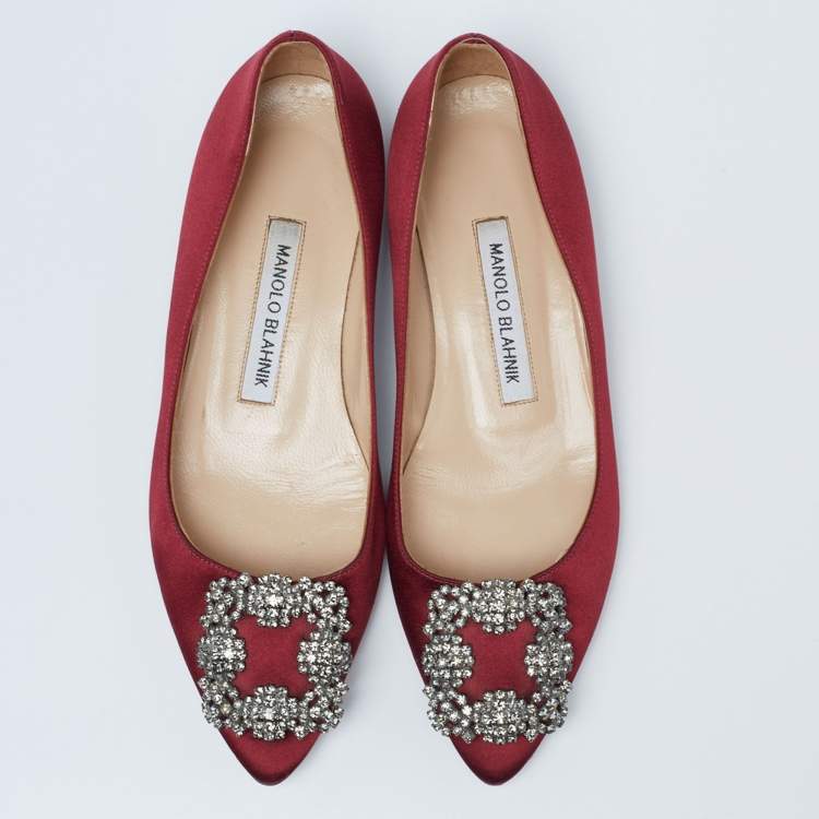 Pre Owned Manolo Blahnik Burgundy Satin Hangisi Pointed Toe Ballet Flats Size 35.5