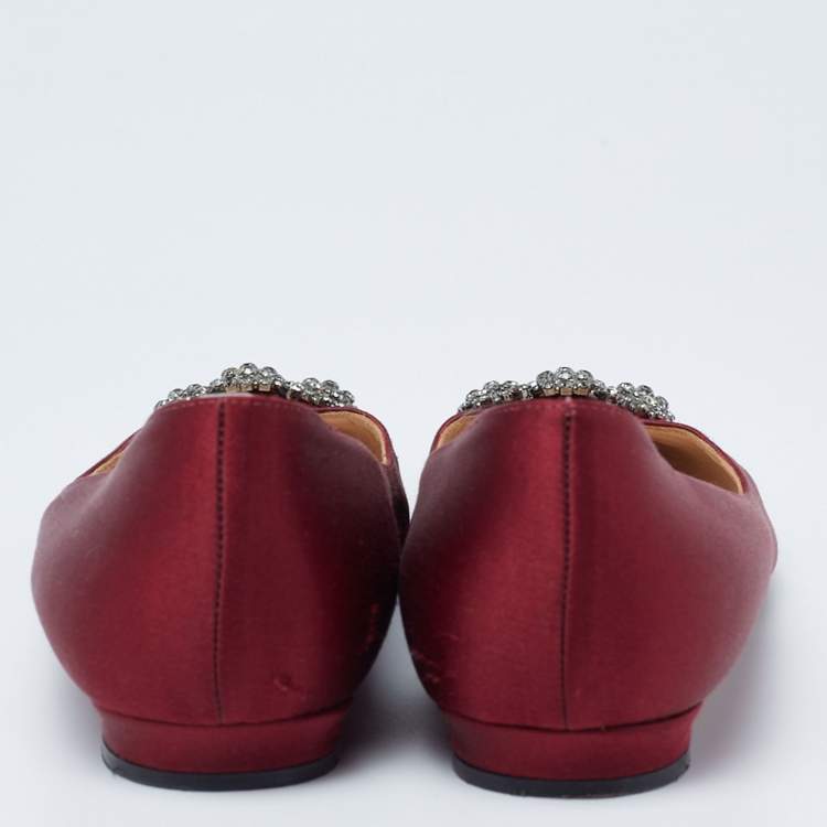 Pre Owned Manolo Blahnik Burgundy Satin Hangisi Pointed Toe Ballet Flats Size 35.5