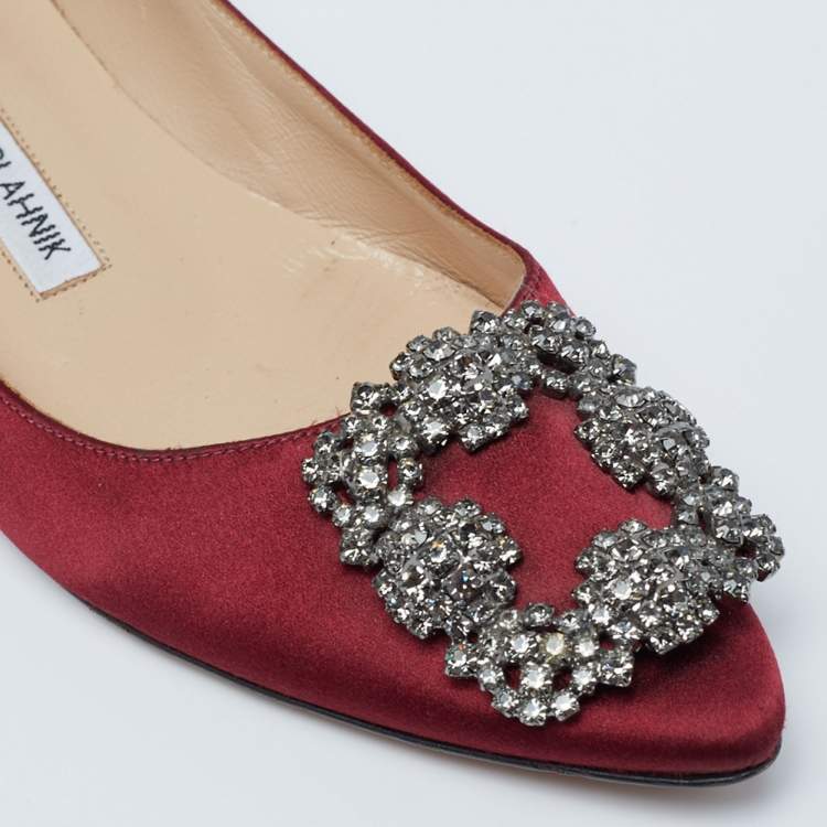 Pre Owned Manolo Blahnik Burgundy Satin Hangisi Pointed Toe Ballet Flats Size 35.5