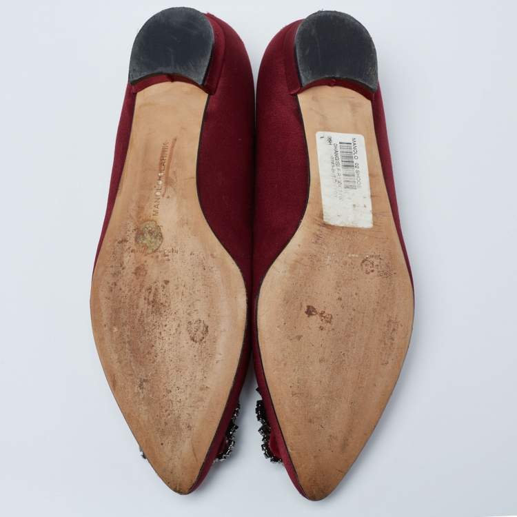 Pre Owned Manolo Blahnik Burgundy Satin Hangisi Pointed Toe Ballet Flats Size 35.5