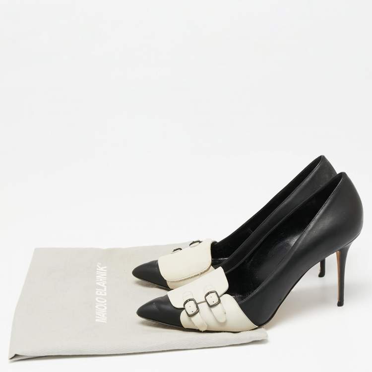 Pre Owned Manolo Blahnik Black/Off-White Leather Pointed-Toe Pumps Size 37.5