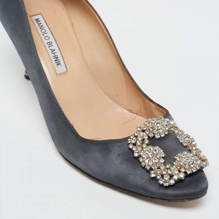 Pre Owned Manolo Blahnik Dark Grey Satin Hangisi  Pumps Size 39