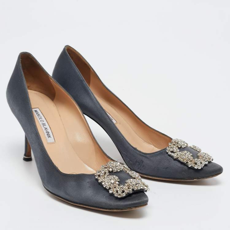 Pre Owned Manolo Blahnik Dark Grey Satin Hangisi  Pumps Size 39
