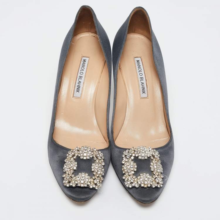 Pre Owned Manolo Blahnik Dark Grey Satin Hangisi  Pumps Size 39