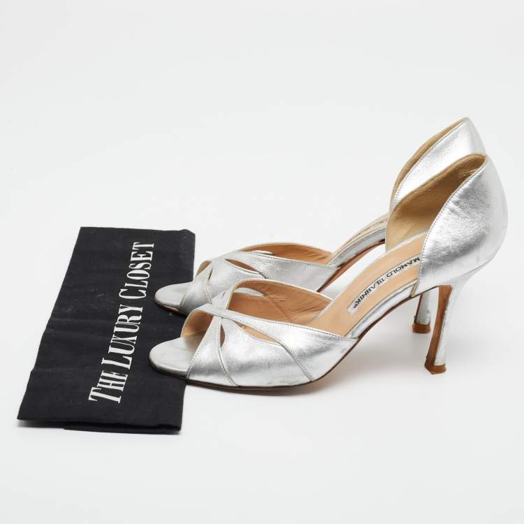 Pre Owned Manolo Blahnik Silver  Leather Open Toe Pumps Size  38