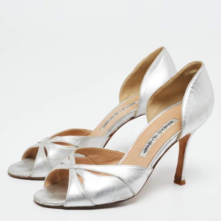 Pre Owned Manolo Blahnik Silver  Leather Open Toe Pumps Size  38