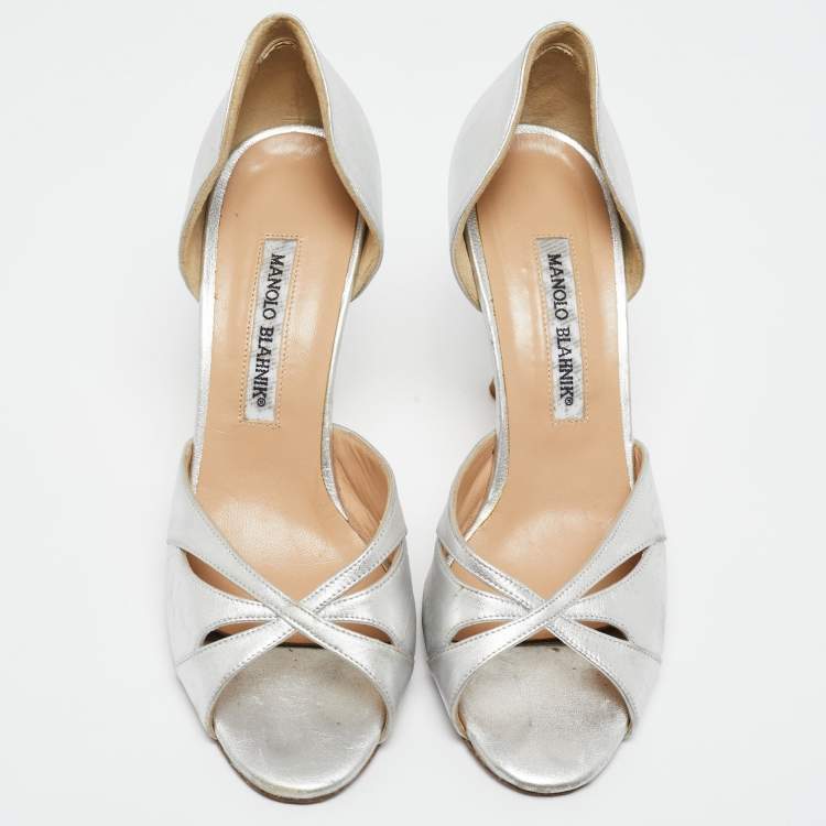 Pre Owned Manolo Blahnik Silver  Leather Open Toe Pumps Size  38