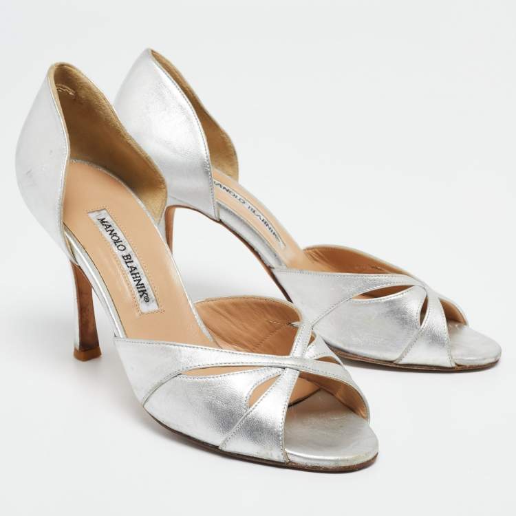 Pre Owned Manolo Blahnik Silver  Leather Open Toe Pumps Size  38
