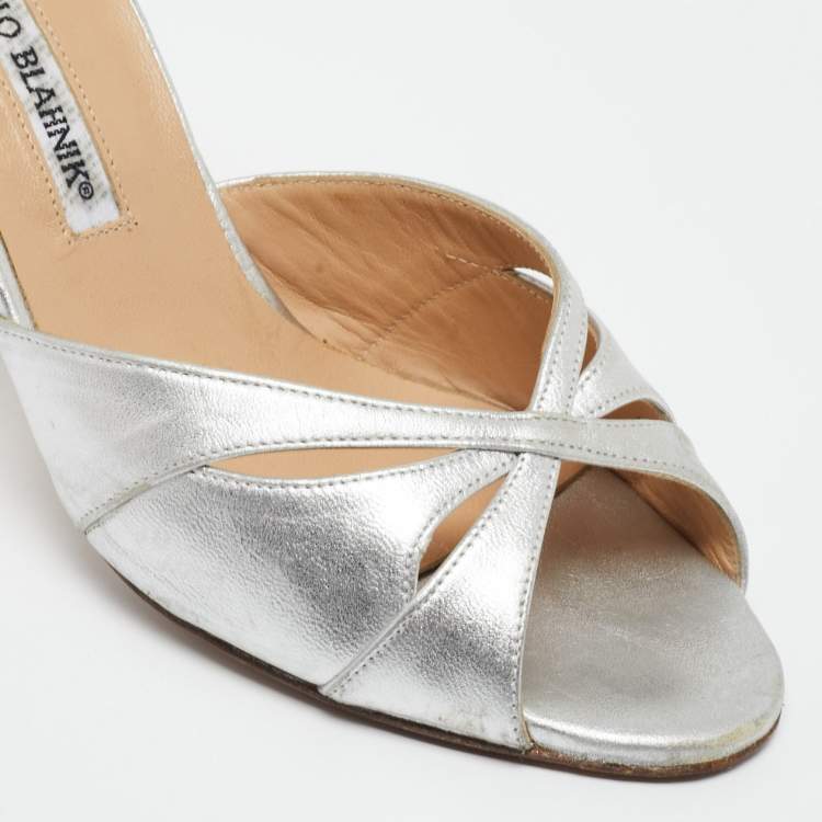 Pre Owned Manolo Blahnik Silver  Leather Open Toe Pumps Size  38