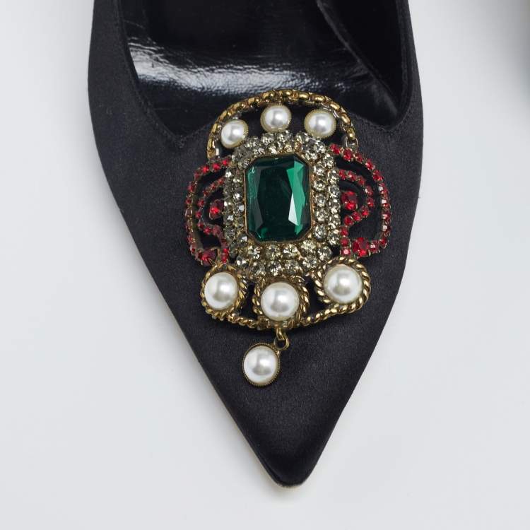Pre Owned Manolo Blahnik Black Satin Embellished Pointed Toe  Pumps Size 35.5