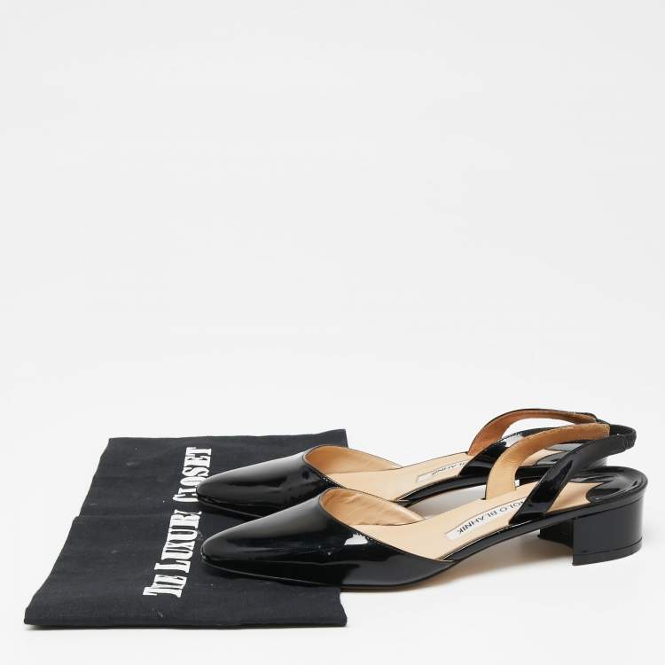 مملوكة مسبقًا Manolo Blahnik Black Patent Leather Aspro Slingback Pumps Size 35