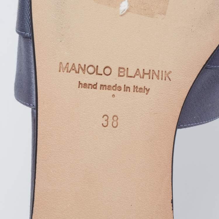 Pre Owned Manolo Blahnik Blue-Grey Satin Martamod Flat Slides Size 38