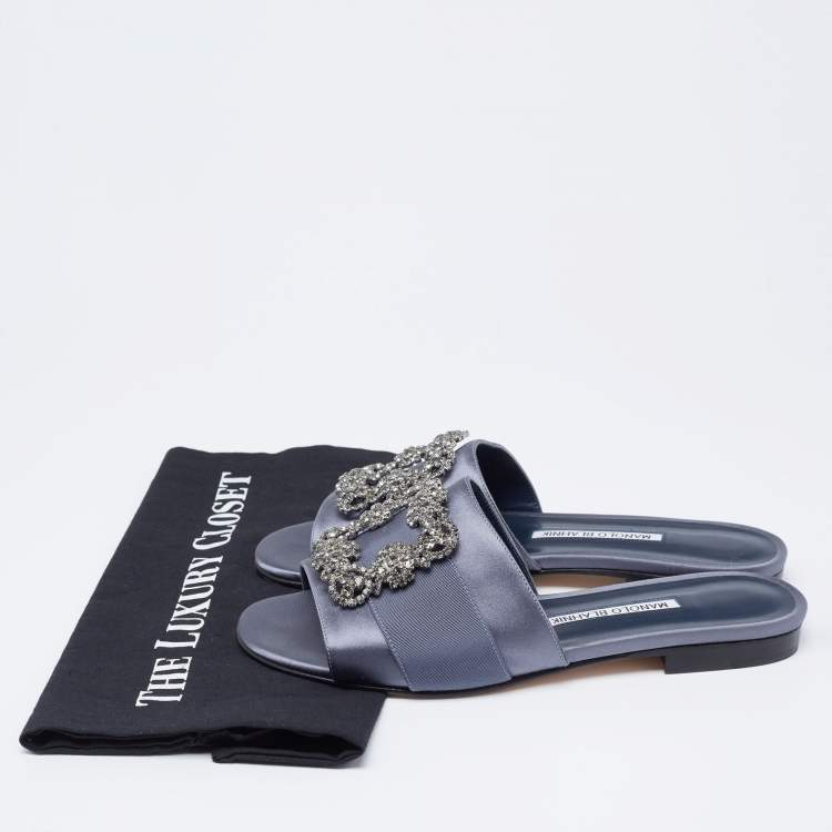 Pre Owned Manolo Blahnik Blue-Grey Satin Martamod Flat Slides Size 38