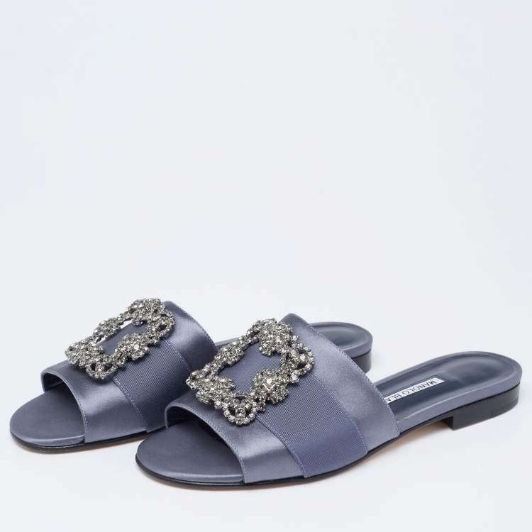 Pre Owned Manolo Blahnik Blue-Grey Satin Martamod Flat Slides Size 38